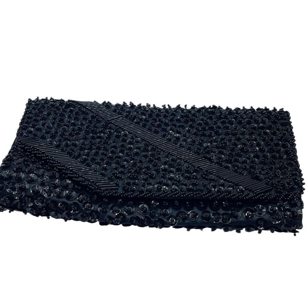 Beaded black beaded hand made Hong Kong satin clutch.